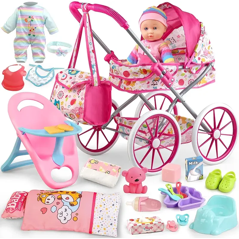 Baby Doll Stroller Toys Set with 12.5" Baby Doll,Dining Chair,Quilt Pillow,24 PCS Doll Accessories and 2 Sets Doll Clothes,Baby Stroller Toys for Girls Toddlers 3-5 4-6 5-7 Gifts for Pretend Play