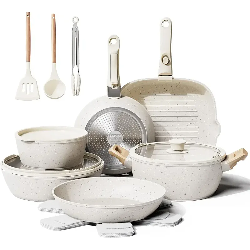 19 Pcs Pots and Pans Set Non Stick Ceramic Cookware Set with Removable Handles, Non Toxic Induction Kitchen Cookware Sets RV Cookware,Dishwasher/Oven Safe PFAS/PTFE/PFOA Free Cream White