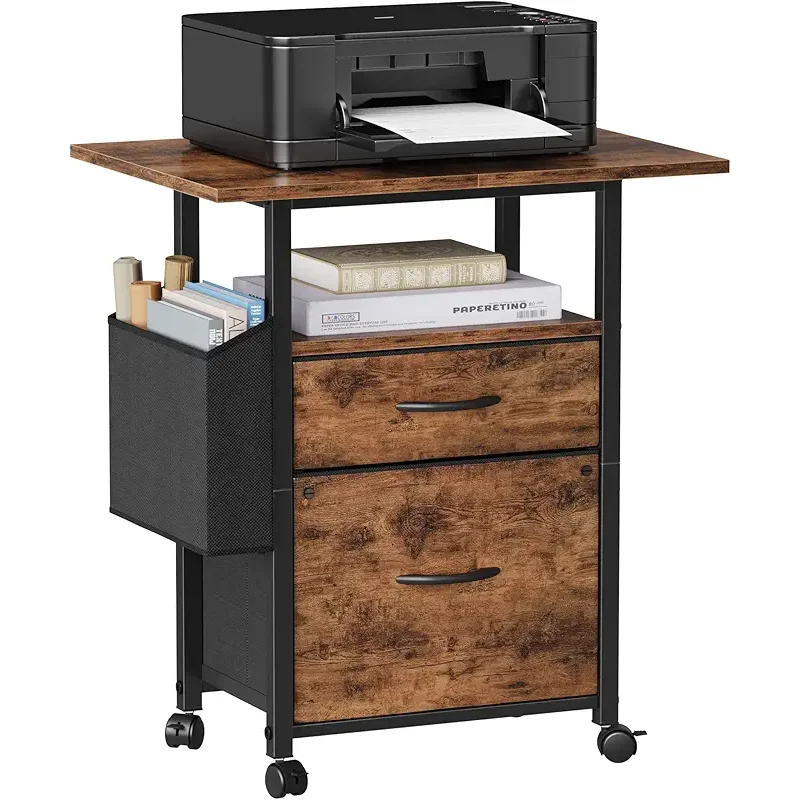 GYIIYUO 2 Drawer File Cabinet with 24'' Extended Desktop, Mobile Filing Cabinet, Rolling File Cabinet with Side Bag, Fabric Drawer, Fits A4/Letter Size, Printer Stand Home Office, Light Brown