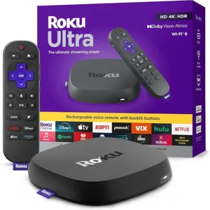Roku Ultra - Ultimate Streaming Player - 4K Streaming Device for TV with HDR10+, Dolby Vision & Atmos - Bluetooth & Wi-Fi 6- Rechargeable Voice Remote Pro with Backlit Buttons - Free & Live TV
