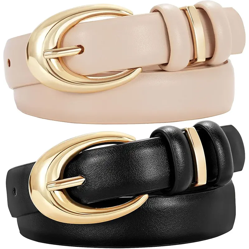 TRIWORKS 2 Pack Women Leather Belt for Jeans Pants Fashion Ladies Skinny Faux Leather Belt with Gold Buckle