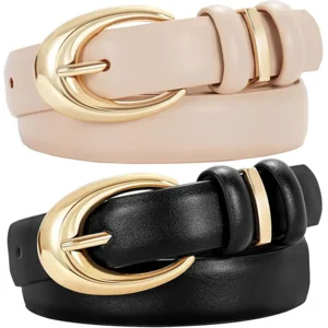 TRIWORKS 2 Pack Women Leather Belt for Jeans Pants Fashion Ladies Skinny Faux Leather Belt with Gold Buckle
