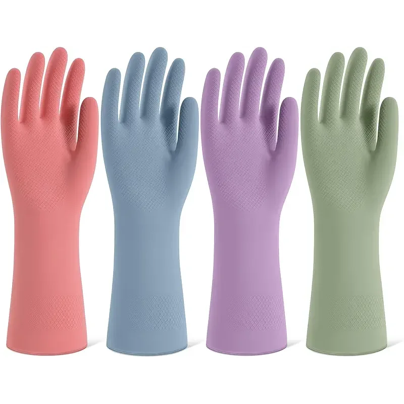 Rubber Cleaning Gloves for Dishwashing, 4 Pairs Reusable Kitchen Gloves for Washing Dishes and Household Cleaning, Colorful Dish Gloves with Flocked Lining and Non-Slip Grip, Pefect for Woman Men - L