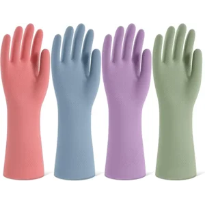 Rubber Cleaning Gloves for Dishwashing, 4 Pairs Reusable Kitchen Gloves for Washing Dishes and Household Cleaning, Colorful Dish Gloves with Flocked Lining and Non-Slip Grip, Pefect for Woman Men - L
