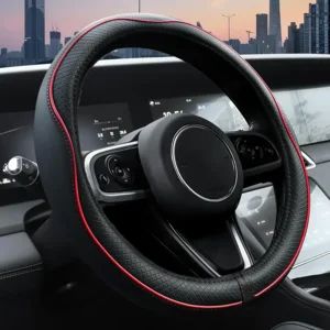 Ouzorp Car Steering Wheel Cover, Microfiber Leather Steering Wheel Covers with Anti-Slip Lining, Universal 14.5-15 inchs Black with Red line