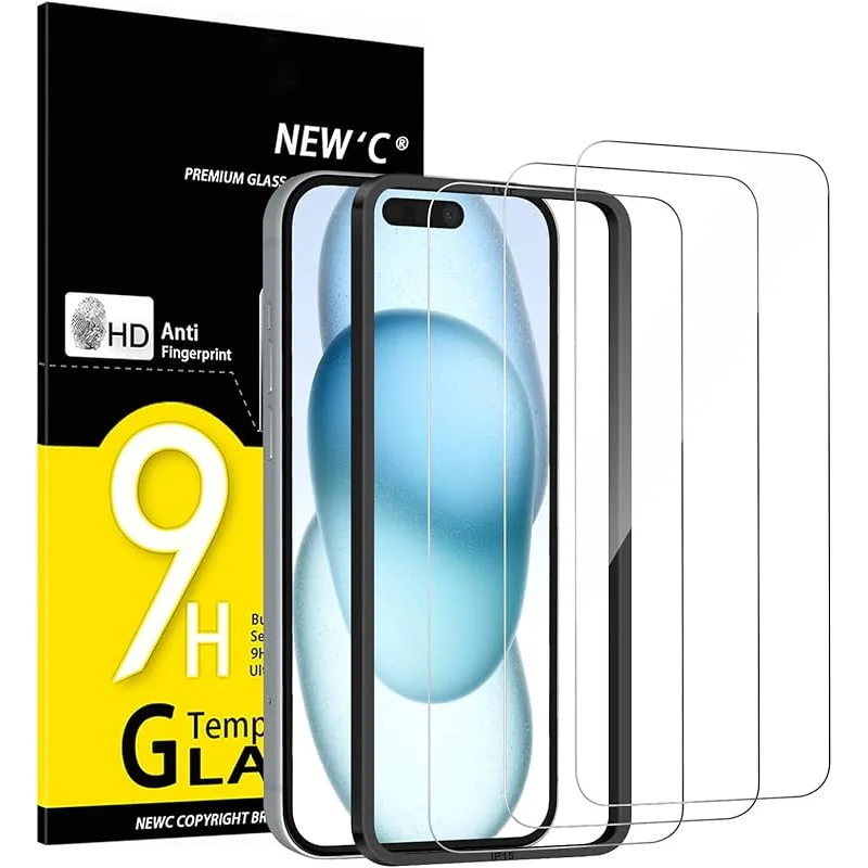 NEW'C 3 Pack Designed for iPhone 16, iPhone 15 Screen Protector (6.1 inches),Enhanced Tempered Glass Protection with easy installation tool included,Ultra Resistant