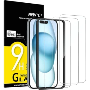 NEW'C 3 Pack Designed for iPhone 16, iPhone 15 Screen Protector (6.1 inches),Enhanced Tempered Glass Protection with easy installation tool included,Ultra Resistant