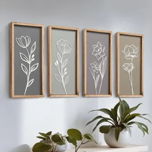 3D Wooden Floral Bathroom Wall Decor (Set of 4) Lightweight, Ready-to-Hang Framed Wall Art For Living Room, Bedroom, or Office - Premium Boho Botanical Farmhouse Decorations - Gift-Boxed