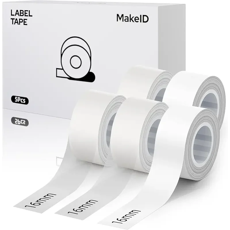 MakeID E1 Q1 Label Maker Tape Refills, 5-Roll 16mm x 4m (0.63" x 13') Continuous Consumables Thermal Laminated Office Labeling Tape Replacement
