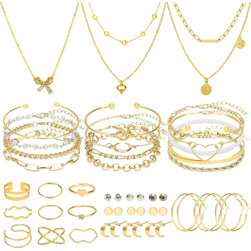 NEWITIN 49 Pieces Gold Jewelry Set for Women Fashion Costume Jewelry Gold Plated Necklace Bracelet Ring Earrings Set for Women