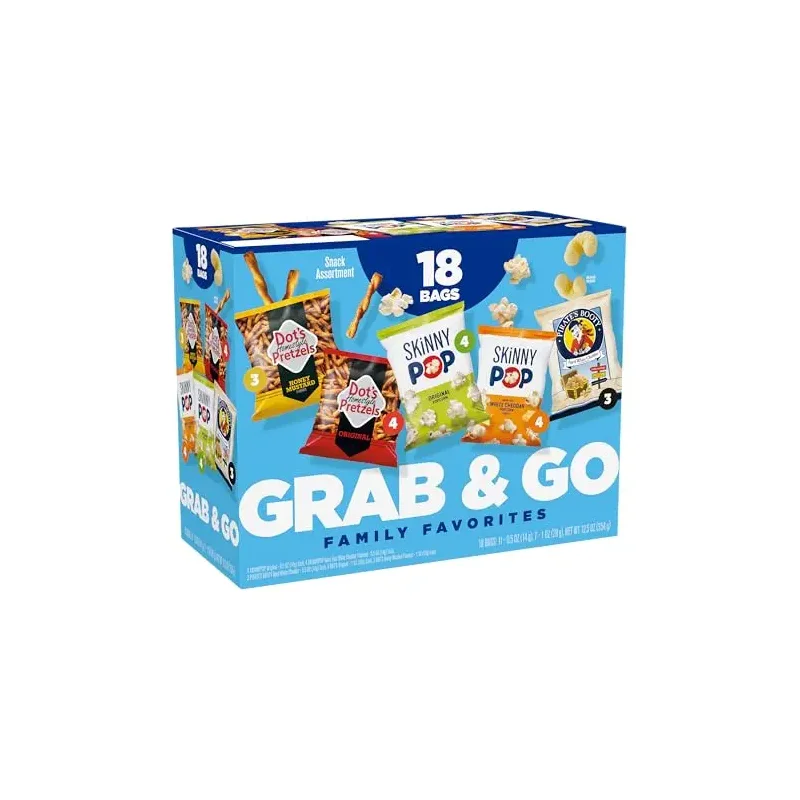 SkinnyPop Family Favorites Variety Pack, SkinnyPop Original and White Cheddar Popcorn, Dot's Original and Honey Mustard Pretzels, Pirate's Booty, On-the-Go Snacks, 0.5oz and 1oz Bags (18 Count)