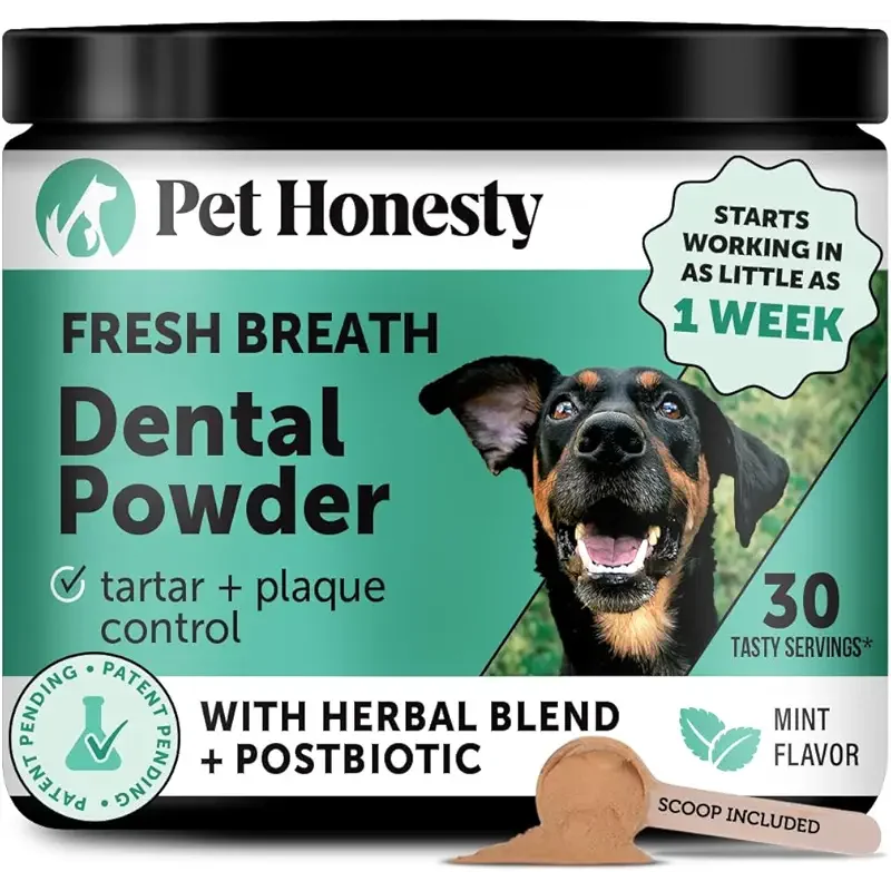 Dog Breath Freshener Dental Powder for Teeth Cleaning Plaque Off, Dental Care for Dogs, Tartar Remover for Teeth with Natural Herbal Blend + Postbiotics (Mint - 30 Servings)