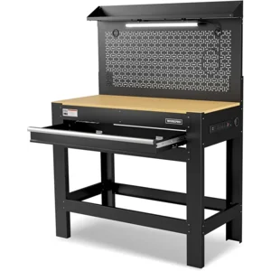 WORKPRO 45" Garage Workbench with Storage, Heavy-Duty Workbench with Pegboard, Power Outlets and Light, 800 LBS Work Bench for Garage, Warehouse, Workshop