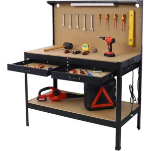 Heavy-Duty Steel Workbench with LED Light, 59'' Tool Storage Bench with Power Outlets & USB Ports, 200 lbs Capacity, Workbench with Pegboard & 2 Drawers for Garage or Workshop
