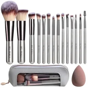 Travel Makeup Brush Set BS-MALL 14 Pcs with 1 Pcs Makeup Sponge – Essential Foundation Powder Concealers, Eye Shadows, Blush Makeup Brushes with Travel Makeup Case (Champagne)