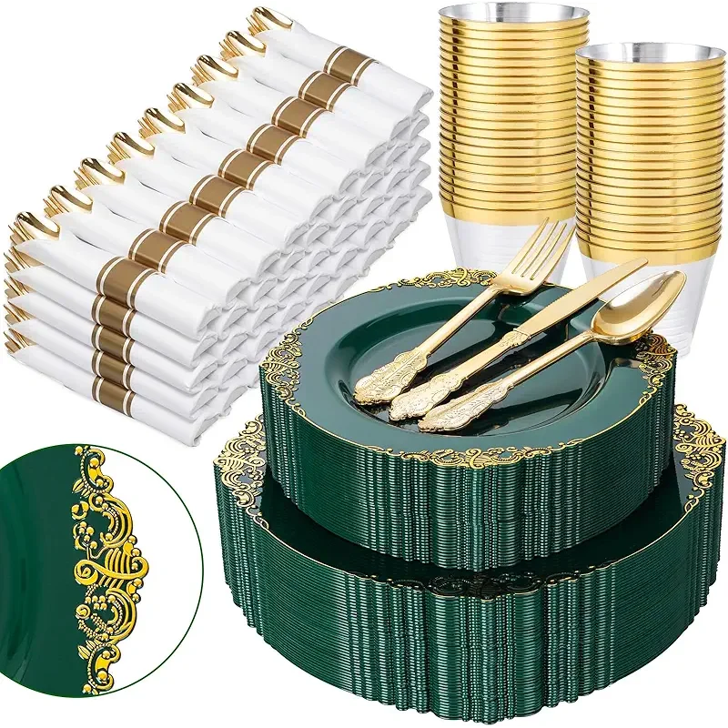 Nervure 350PCS Green Plastic Plates - Green Gold Plastic Dinnerware Sets for 50 Guests - 100 Disposable Plates, 150 Gold Silverware, 50 Cups, 50 Napkins for Wedding & Party & Christmas
