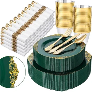Nervure 350PCS Green Plastic Plates - Green Gold Plastic Dinnerware Sets for 50 Guests - 100 Disposable Plates, 150 Gold Silverware, 50 Cups, 50 Napkins for Wedding & Party & Christmas