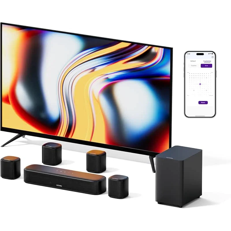 ULTIMEA 7.1ch Sound Bar with Subwoofer, Virtual Surround Sound System for TV, Sound Bar for Smart TV with 4 Surround Speakers, Peak Power 330W, TV Soundbar with App Control, Opt/AUX/BT, Aura A40