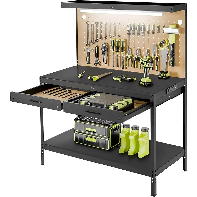 Work Bench, Workbench with Power Outlets and Light, A3 Steel Work Table with Drawers Pegboard, 600LBS Capacity Garage Workbench, Work Benches for Garage Workshop Basement