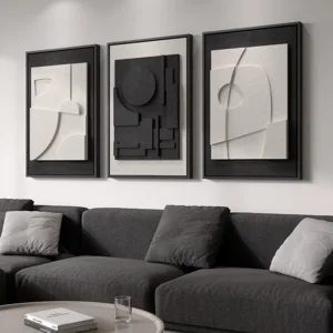 Large 3D Textured Framed Black and White Abstract Wall Art for Living Room, 3 Piece Modern Artwork for Walls, Black White Minimalist Geometric Paintings for Hallway Office Wall Decor 24x36 In