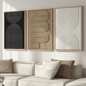 Large 3D Textured Framed Boho Neutral Abstract Wall Art for Living Room, 3 Piece Modern Paintings Artwork for Walls, Black White Brown Minimalist Geometric Pictures for Hallway Office Wall Decor 24x36 In