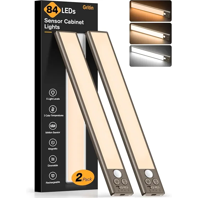 Gritin 10.2inch Under Cabinet Lighting Rechargeable -84 LED Super Bright,3-Color& 5 Level Brightness,4 Modes,Motion Sensor, Long Lasting- Easy Installation Magnetic Closet Lights -2 Pack-Bronze
