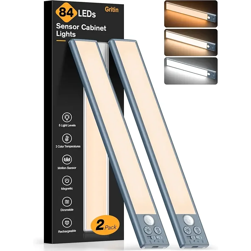 Gritin 10.2inch Under Cabinet Lighting Rechargeable -84 LED Super Bright,3-Color& 5 Level Brightness,4 Modes,Motion Sensor, Long Lasting- Easy Installation Magnetic Closet Lights -2 Pack-Sea Blue