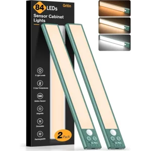 Gritin 10.2inch Under Cabinet Lighting Rechargeable -84 LED Super Bright,3-Color& 5 Level Brightness,4 Modes,Motion Sensor, Long Lasting- Easy Installation Magnetic Closet Lights -2 Pack-Green