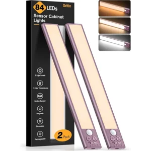 Gritin 10.2inch Under Cabinet Lighting Rechargeable -84 LED Super Bright,3-Color& 5 Level Brightness,4 Modes,Motion Sensor, Long Lasting- Easy Installation Magnetic Closet Lights -2 Pack-Mauve