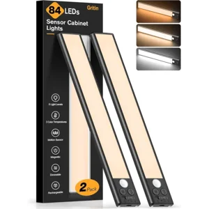 Gritin 10.2inch Under Cabinet Lighting Rechargeable -84 LED Super Bright,3-Color& 5 Level Brightness,4 Modes,Motion Sensor, Long Lasting- Easy Installation Magnetic Closet Lights -2 Pack-Black