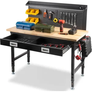 48" Workbench with Drawers, Work Benches for Garage with Strip Light, Adjustable Work Table with Large Pegboard, 2000 LBS Heavy Duty Table with Power Outlet Rubber Wood for Garage, Office