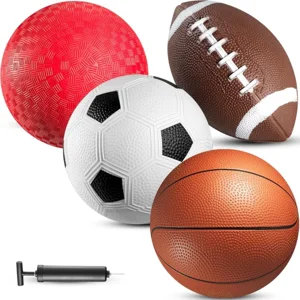 8.5” Sports Balls for Kids & Toddlers - (Pack of 4) Rubber Inflatable Multi-Sport Ball Set - Football, Soccer Ball, Basketball, Playground Ball & Pump - Birthday Gift Toys for Boys & Girls