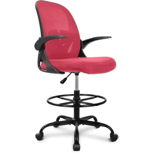 Primy Drafting Chair Tall Office Chair with Flip-up Armrests Executive Ergonomic Computer Standing Desk Chair with Lumbar Support and Adjustable Footrest Ring (Fire Brick)