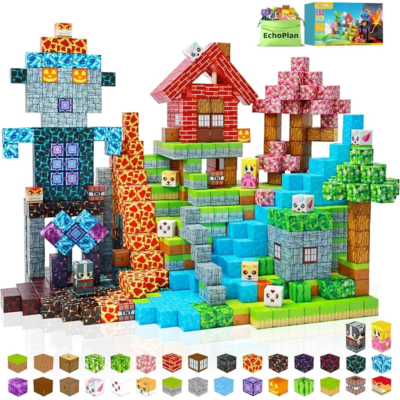 EchoPlan 150PCS Magnetic Blocks, Magnetic Building Blocks, STEM Constructions Magnet Blocks for Boys Girls Age 3 4 5 6 7 8 9 10, Sensory Stacking Toy Christmas Birthday Gifts for Kids, 1" Large Size