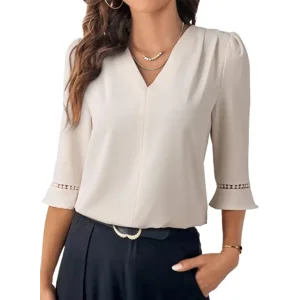 EVALESS Women's 3/4 Sleeve Tops Dressy Casual Pleated V Neck Business Work Blouses Office Shirts