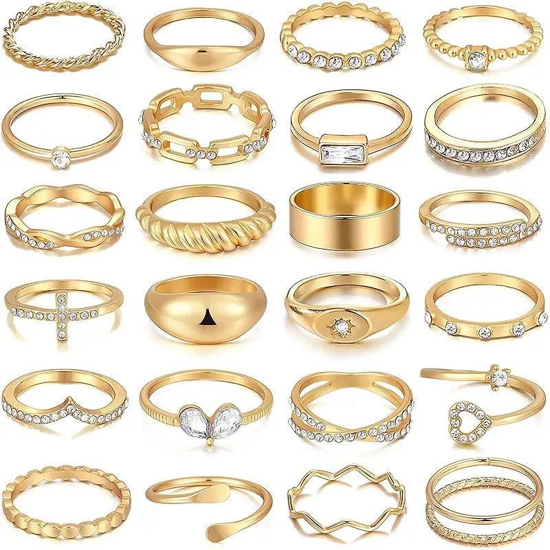 FAXHION 25 PCS Gold Stackable Rings Set for Women, Simple Twist Knuckle Finger Ring Trendy, Dainty Stacking Statement Thumb Rings Pack Jewelry Gift