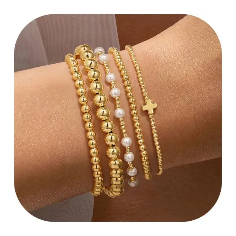 Yoosteel Gold Beaded Bracelets Set for Women Teen Girl Gifts Non Tarnish - 14K Gold Plated Dainty Round Bead Ball Pearl Cross Bracelet Stack for Women Teenage Girls Stackable Jewelry Christmas Gifts