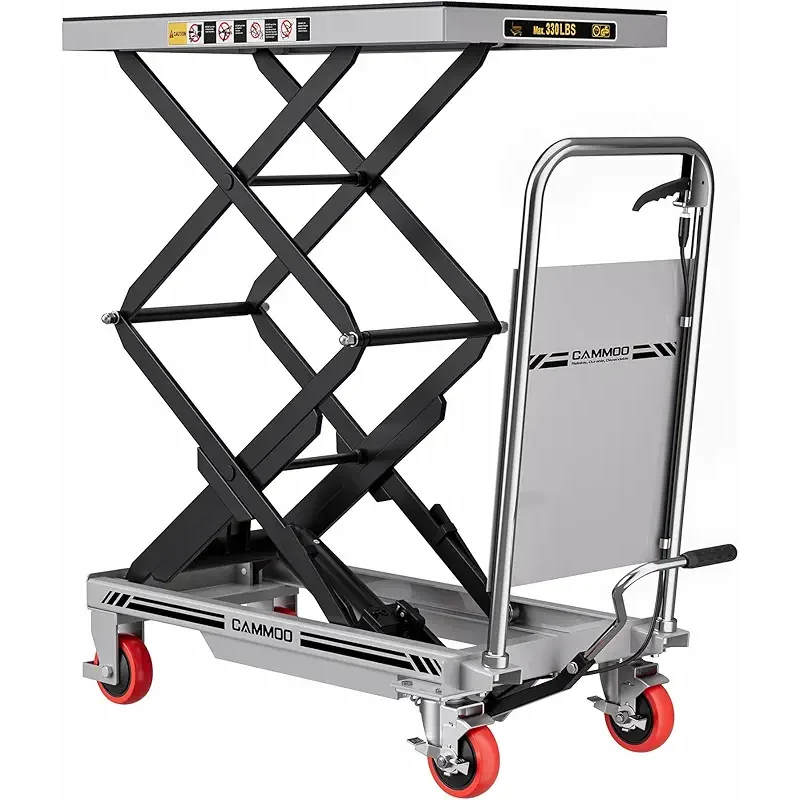 Hydraulic Lift Table Cart, 330lbs Capacity 49.6" Lifting Height, Double Scissor Lift Table with Non-Slip Pad & Safety Guard for Material Handling & Transportation, Gray