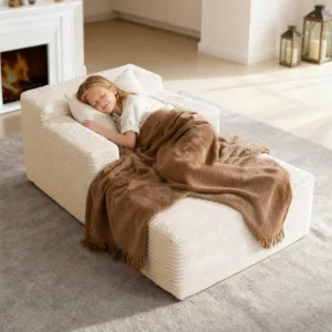 45'' Chaise Lounge Chair Indoor, Corduroy Upholstered Boneless Sofa Bed, Deep Seat Sleeper Couch Reading Chairs, Small Comfy Cloud Sofas Couches for Living Room, Bedroom, Movie Room (Beige)