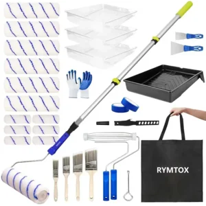 33PCS Paint Roller Kit with Extension Pole | 2–4 FT Pole | 9" & 4" Paint Rollers | Carry Bag | 4 Brushes & Tape | Professional Painting Supplies & Paint Brushes Set for Walls Ceilings and Home