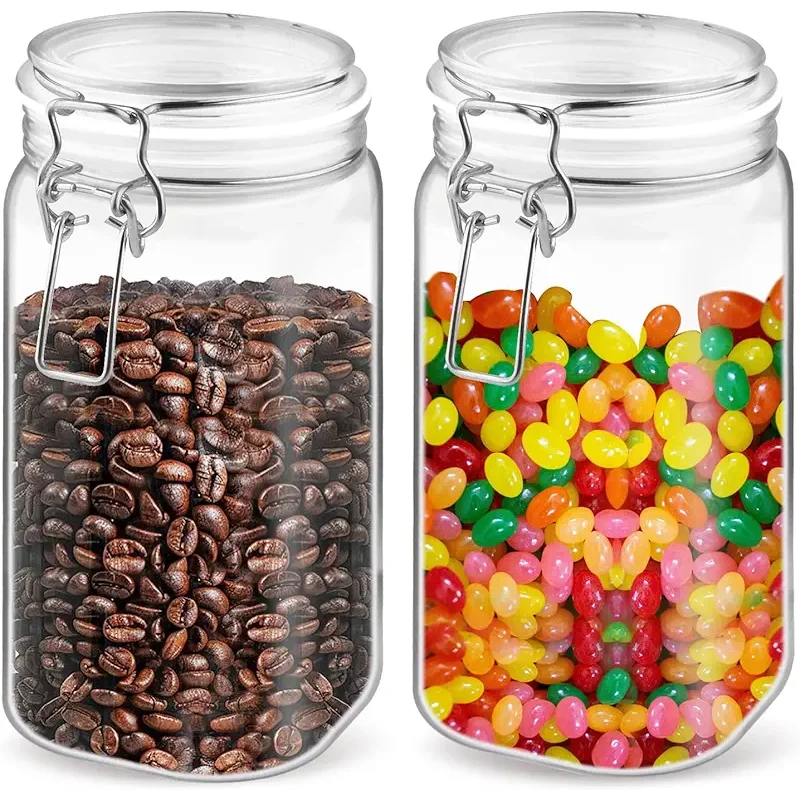 2 Pcs PET Plastic Storage Jars with Locking Clamp Empty Square Clear Food Storage Containers Wide Mouth Sealed Jars Food Canister For Coffee Candy Cookie Spices Nuts Sugar And More (51.7OZ/1550ml)