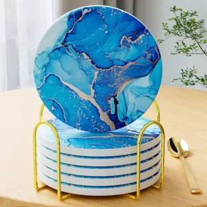 6Pcs/Set Marble Abstract Ceramic Coasters with Holder, Absorbent Drink Coasters, Coffee Cup Coaster,Round Ceramic Table Coasters Set Decorative