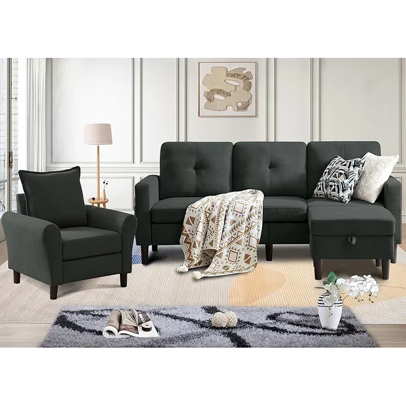 2PCS Sectional Couch Set, 3 Seat Sofa and Chair Set with Side Pockets & Movable Storage Ottoman, Modern Convertible Fabric Corner Lliving Room/Office Sofa Set (3+1Seat/ Black)