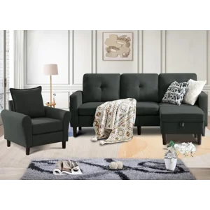 2PCS Sectional Couch Set, 3 Seat Sofa and Chair Set with Side Pockets & Movable Storage Ottoman, Modern Convertible Fabric Corner Lliving Room/Office Sofa Set (3+1Seat/ Black)