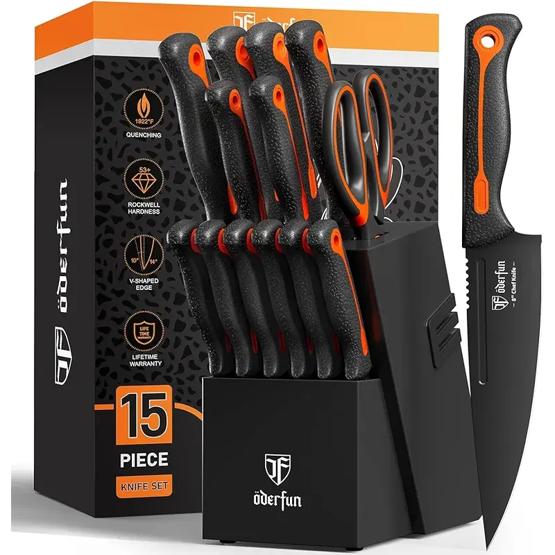 Knife Block Set -15 PCS Dishwasher Safe Kitchen Knife Set, High Carbon Stainless Steel, Razor-Sharp knives set with sharpener, Non-Slip Handles, Elegant Box for Christmas,Black