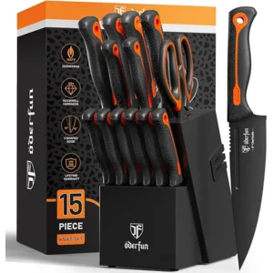 Knife Block Set -15 PCS Dishwasher Safe Kitchen Knife Set, High Carbon Stainless Steel, Razor-Sharp knives set with sharpener, Non-Slip Handles, Elegant Box for Christmas,Black