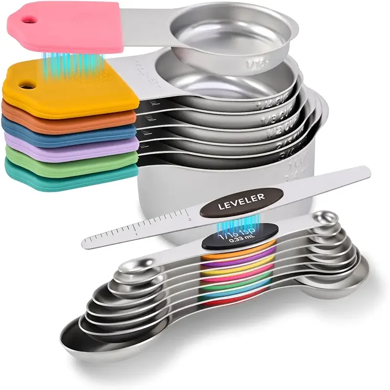 16-Piece Magnetic Measuring Cups and Spoons Set, Stainless Steel with Non-Slip Silicone Handles and Leveler, Essential Kitchen Baking Tools (Multicolor)