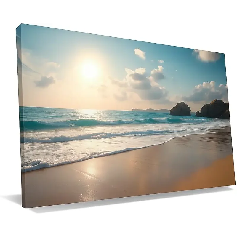 Seaside Serenity – Beach Sunset Canvas Wall Art – Tranquil Ocean Waves & Golden Sky, UV-Resistant Ink, Kiln-Dried Frame – Sal’s Custom Shop