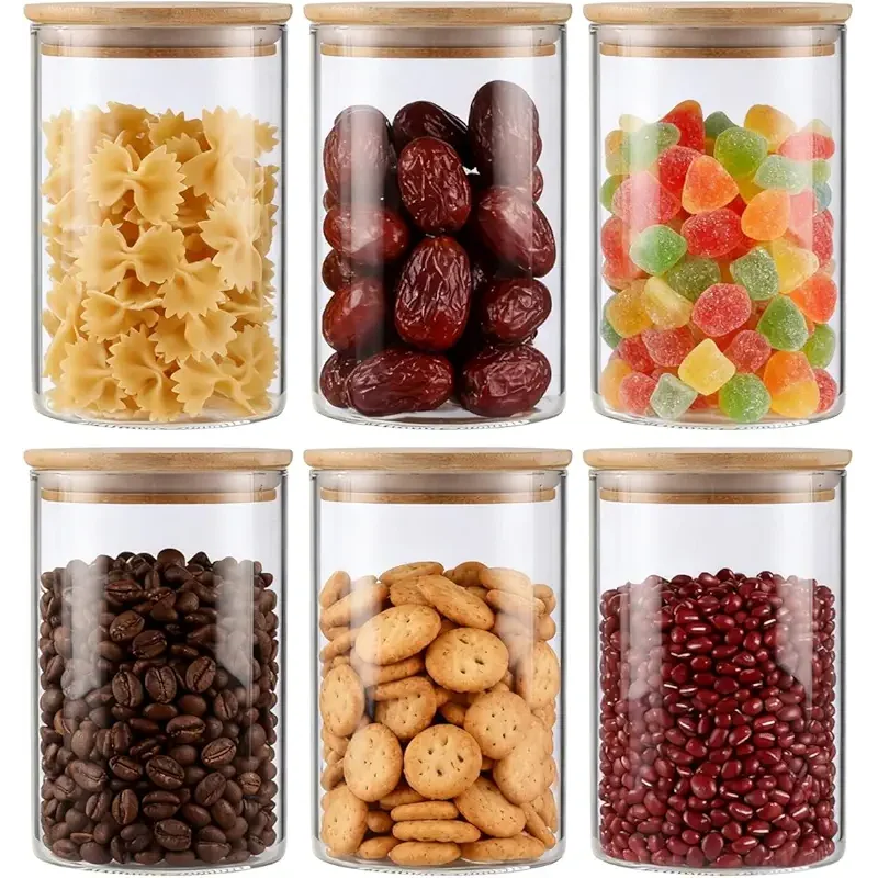 6 - Pack 32 ounces Glass Storage Jars with Bamboo Lids, Airtight Borosilicate Glass Canisters for Kitchen Organization, Food Storage (Spices, Grains, Snacks)