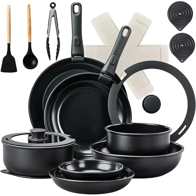 Bonnlo 23 PCS Non-Stick Cookware Set, Cast Aluminum Pots and Pans Set with Removable & Detachable Handles, Induction RV Kitchen Cook Set, Dishwasher Safe, PFAS PFOA & PFOS Free, for Home